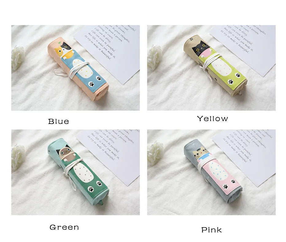 Korean cartoon style rolling pencil case in blue, green, pink, and yellow cat designs
