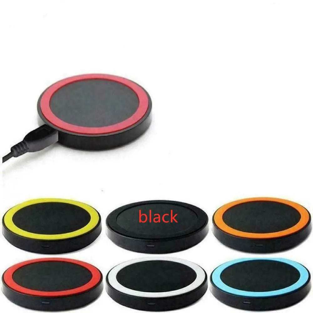A compact square wireless charger base in one of six colours: black, blue, orange, red, white, or yellow.