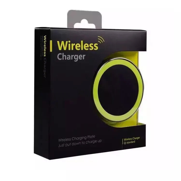 A compact square wireless charger base in one of six colours: black, blue, orange, red, white, or yellow.