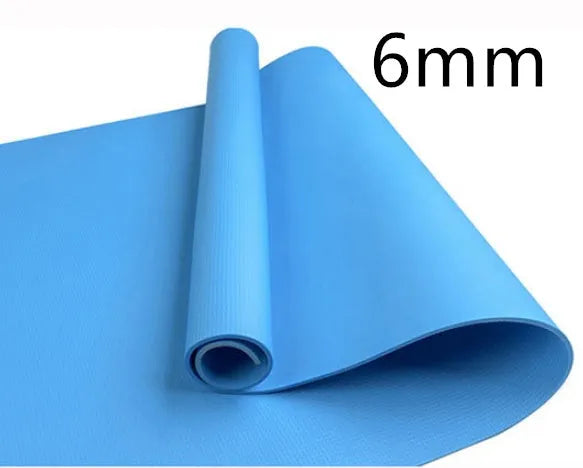 Red and blue EVA yoga mats showing 4mm and 6mm thickness options rolled up with storage bag.