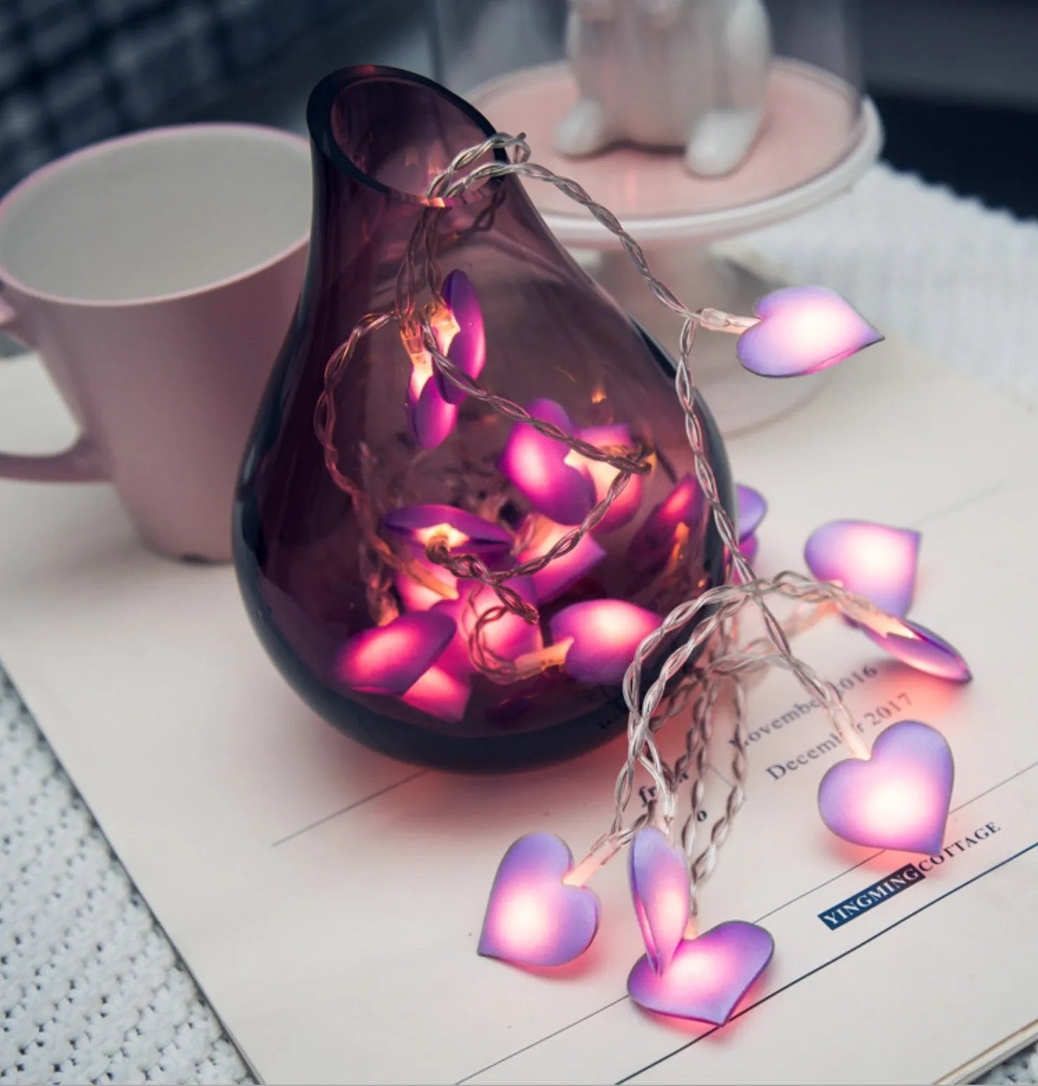 Battery-operated LED fairy string lights in pink or purple colours with 3 metre cable length for bedroom decoration