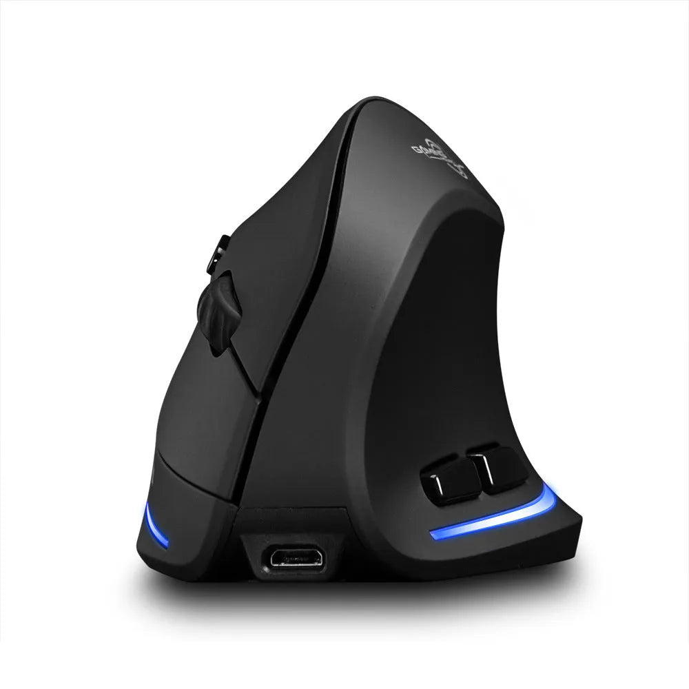 Wireless charging vertical gaming mouse F35 in black with six buttons and USB receiver
