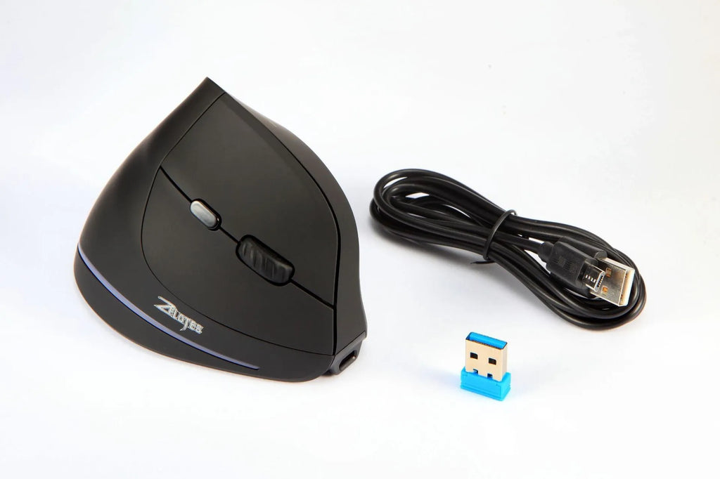 Wireless charging vertical gaming mouse F35 in black with six buttons and USB receiver