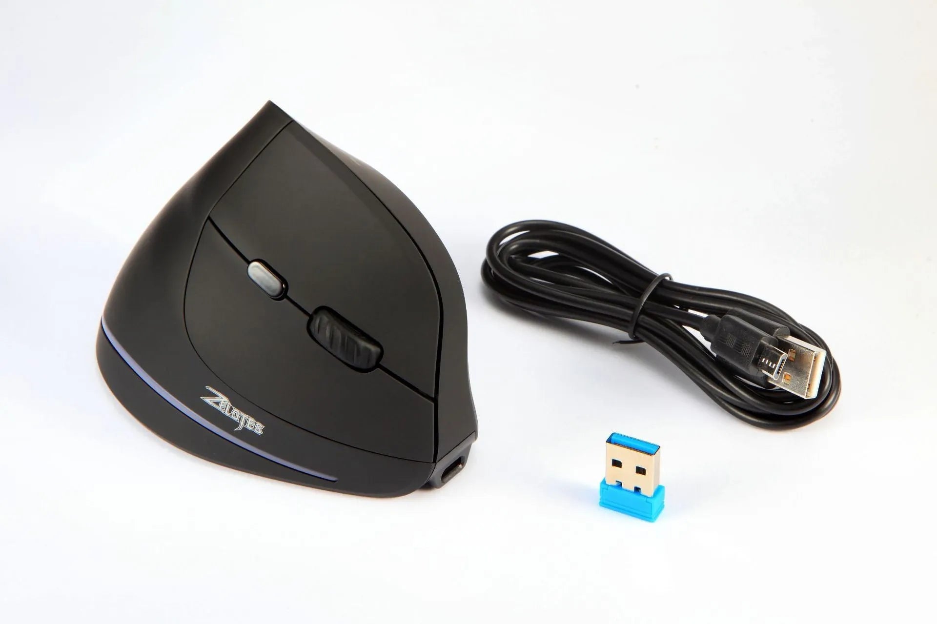 Wireless charging vertical gaming mouse F35 in black with six buttons and USB receiver