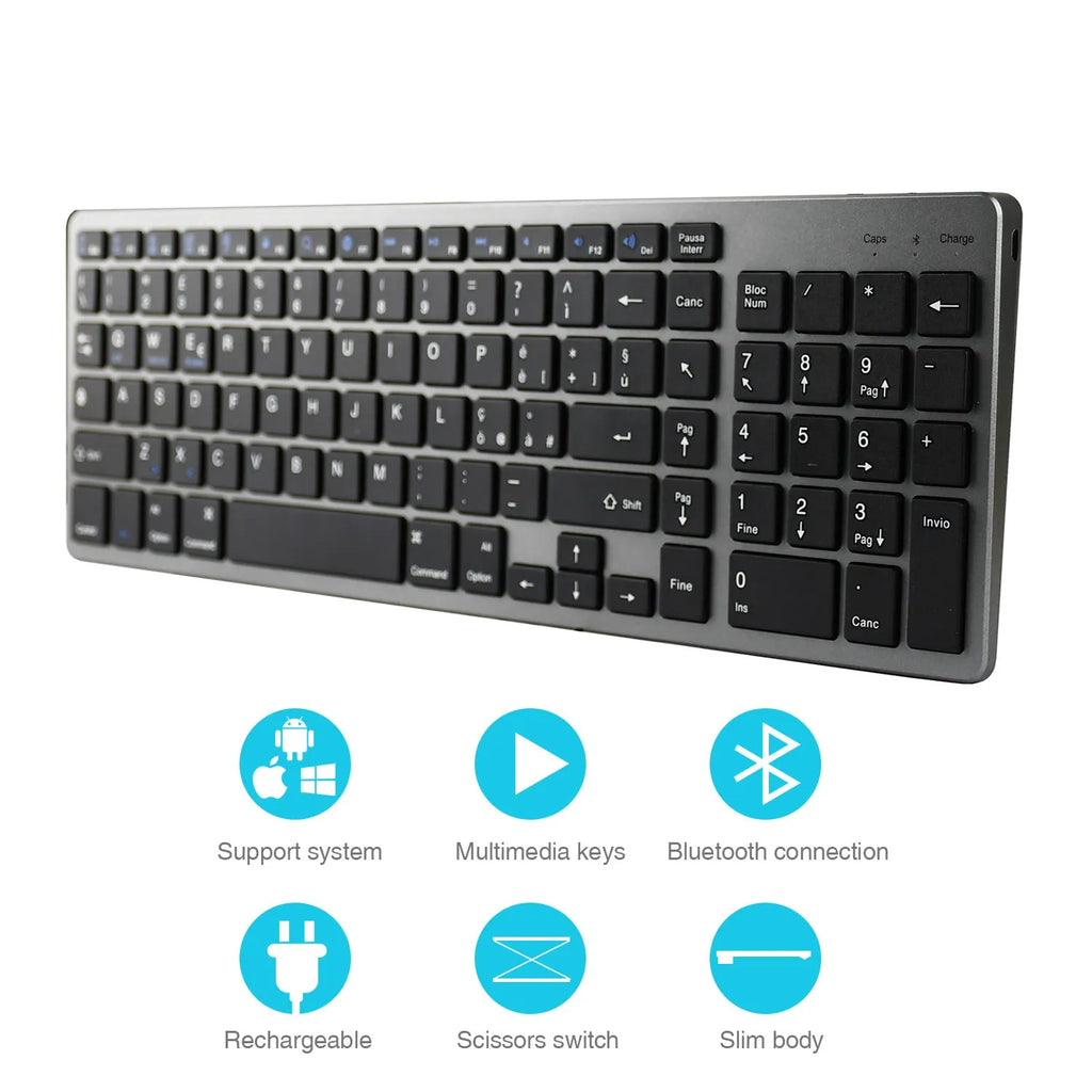 Ultra-thin white Bluetooth keyboard next to a tablet showing wireless connectivity.