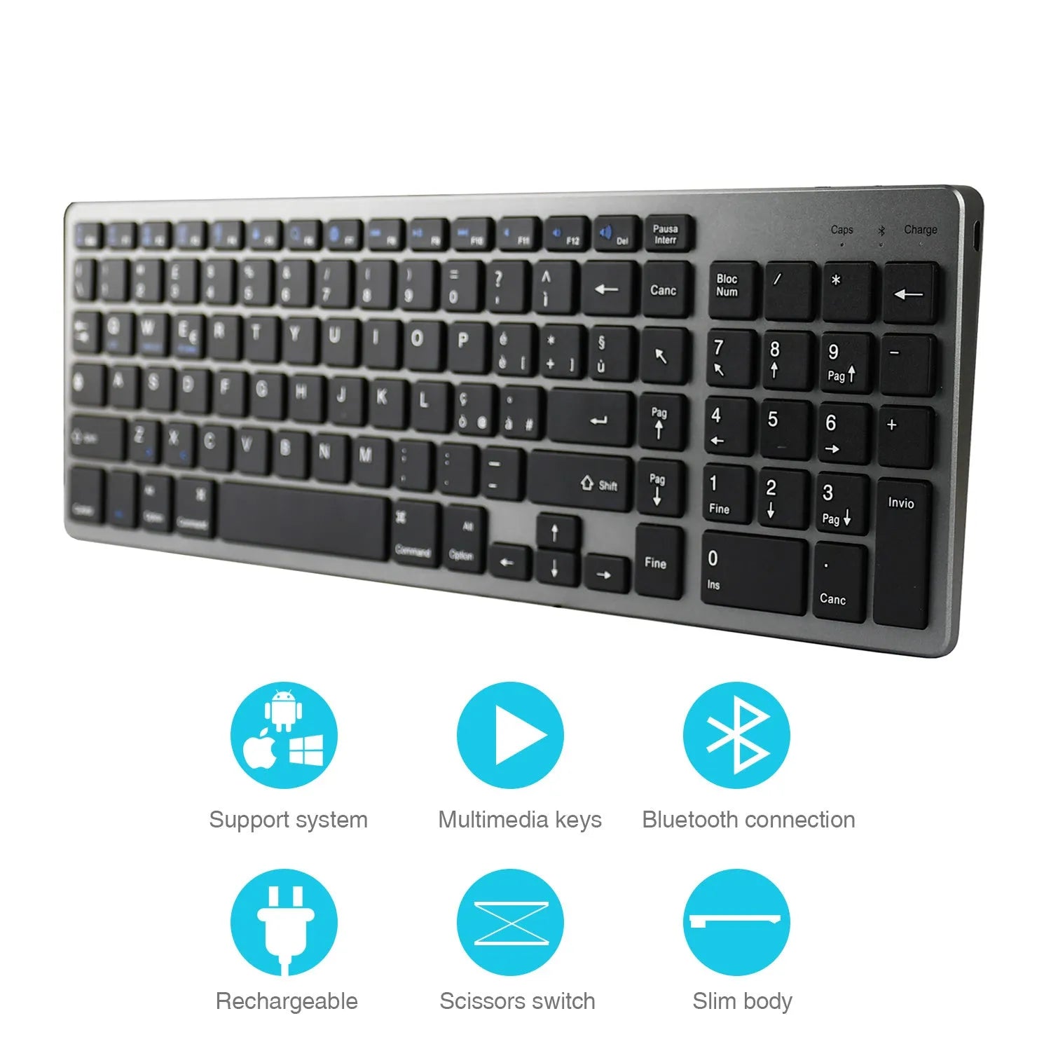 Ultra-thin white Bluetooth keyboard next to a tablet showing wireless connectivity.