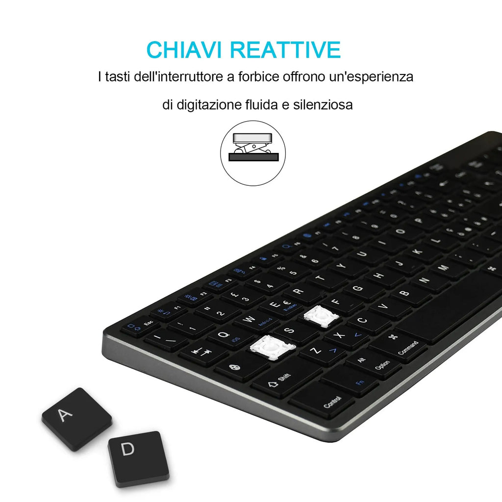 Ultra-thin white Bluetooth keyboard next to a tablet showing wireless connectivity.