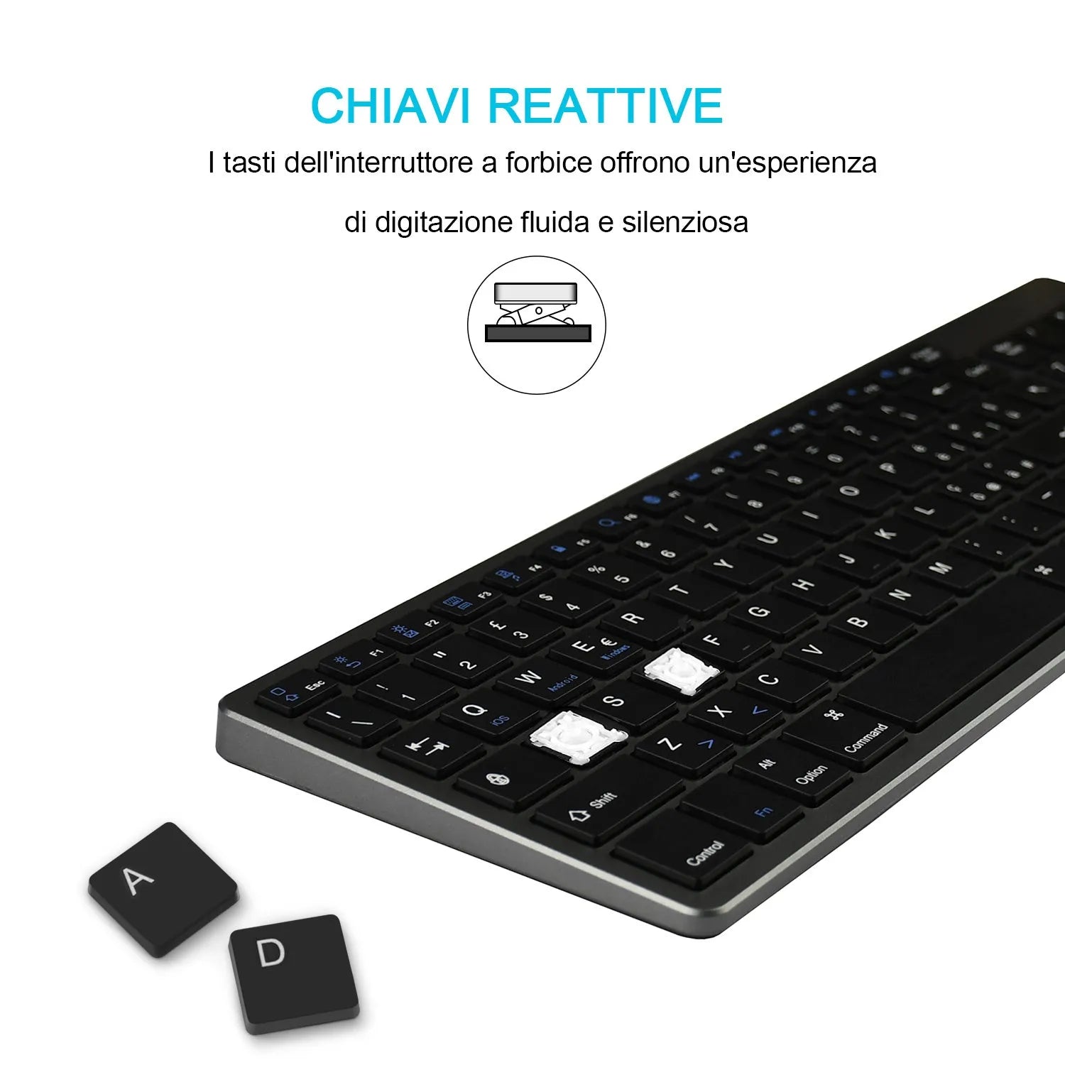 Ultra-thin white Bluetooth keyboard next to a tablet showing wireless connectivity.