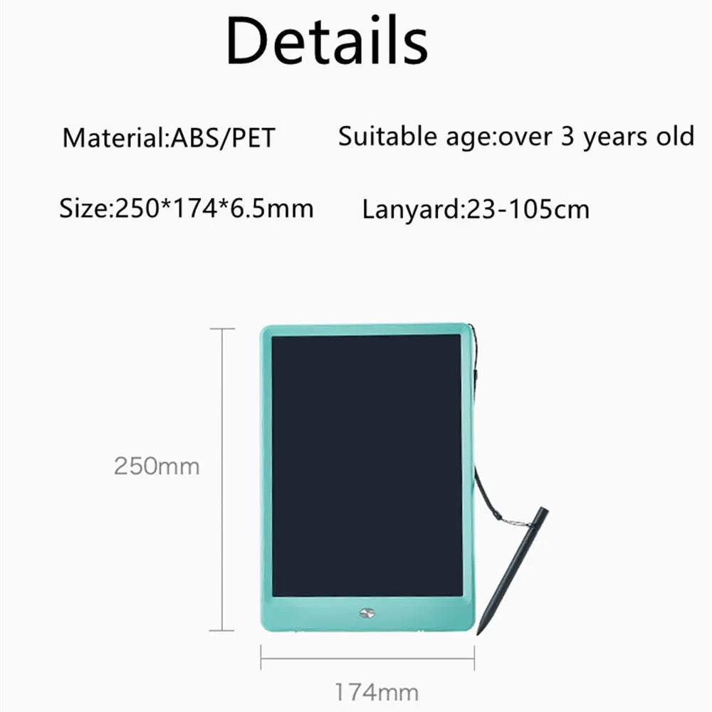 10 inch children's LCD writing tablet with colourful screen, blue colour option, on a white background