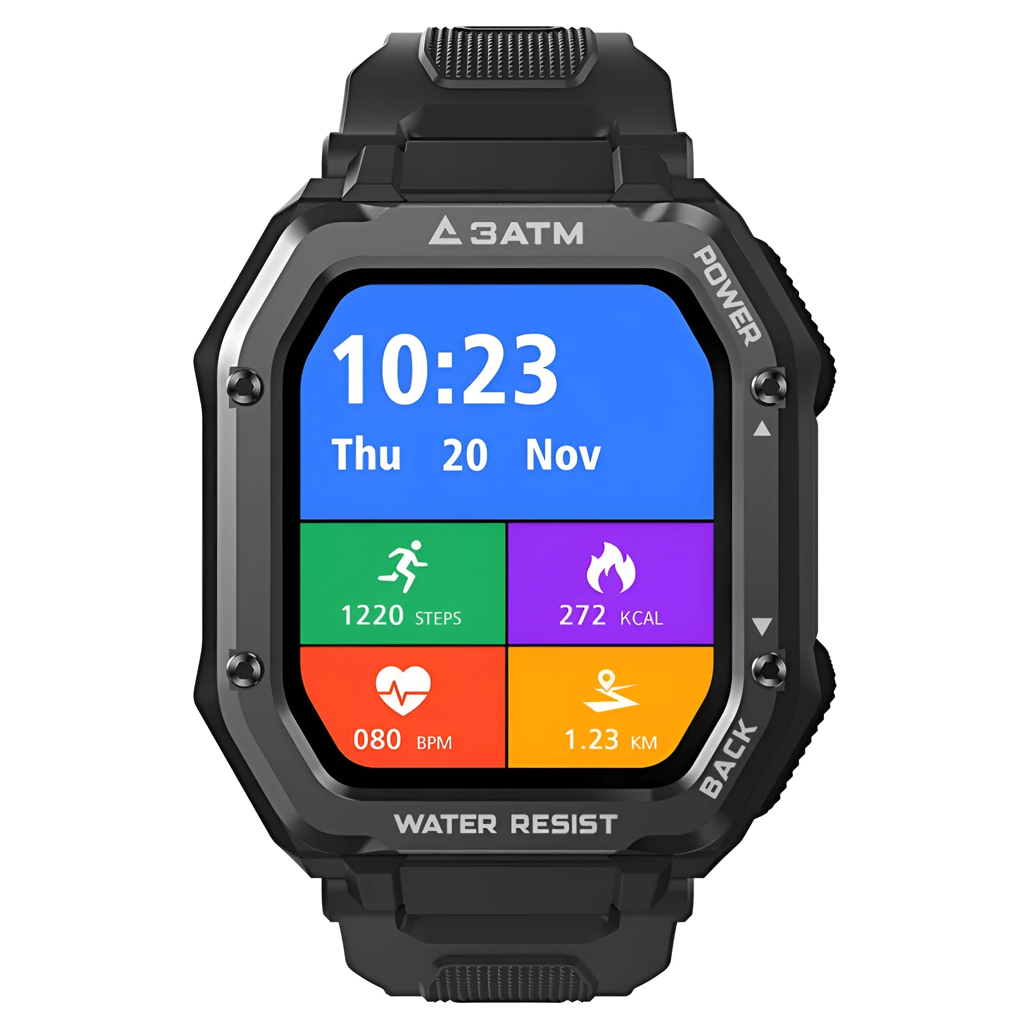 Outdoor sports smart watch with 1.69 inch display showing activity tracking interface