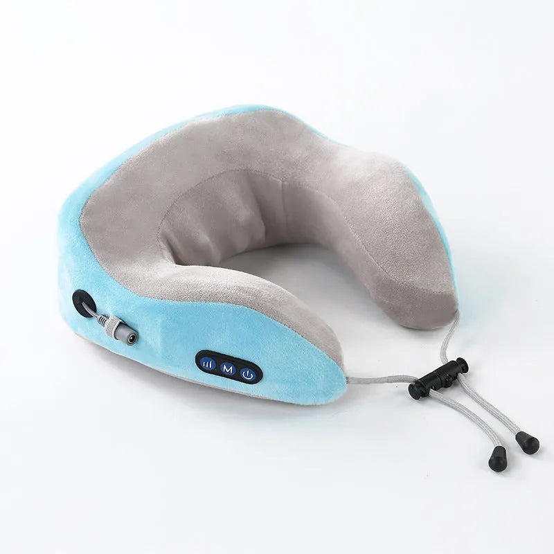 Electric neck massager U-shaped pillow in blue with memory foam and USB charging cable for shoulder relief