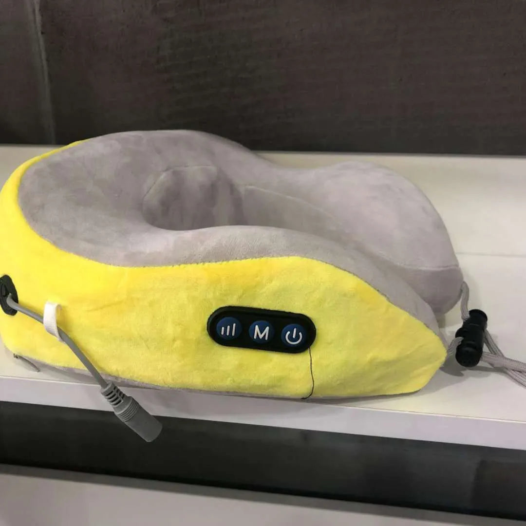 Electric neck massager U-shaped pillow in blue with memory foam and USB charging cable for shoulder relief