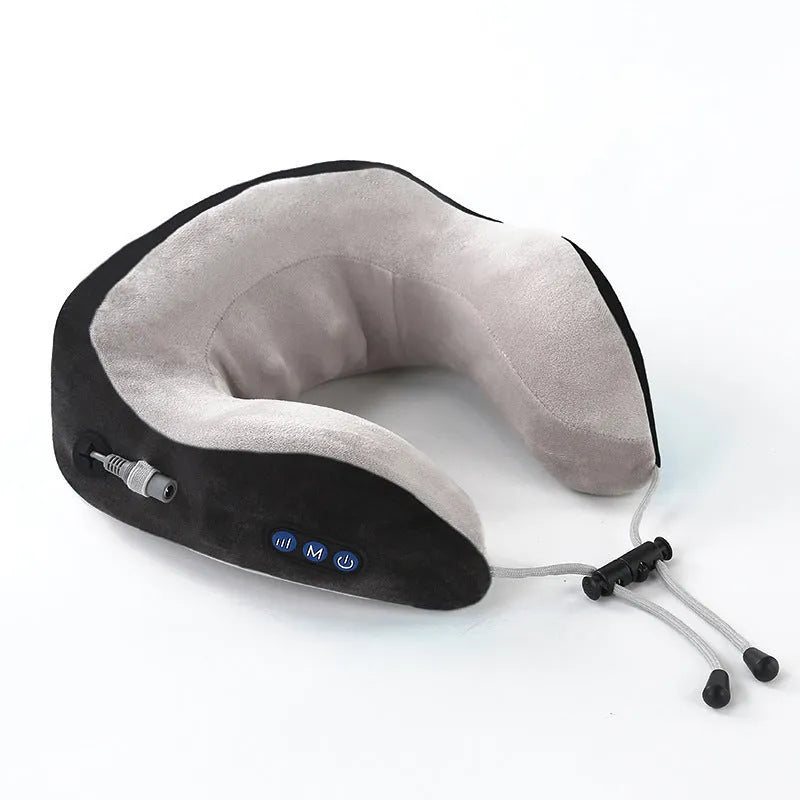 Electric neck massager U-shaped pillow in blue with memory foam and USB charging cable for shoulder relief