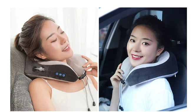 Electric neck massager U-shaped pillow in blue with memory foam and USB charging cable for shoulder relief