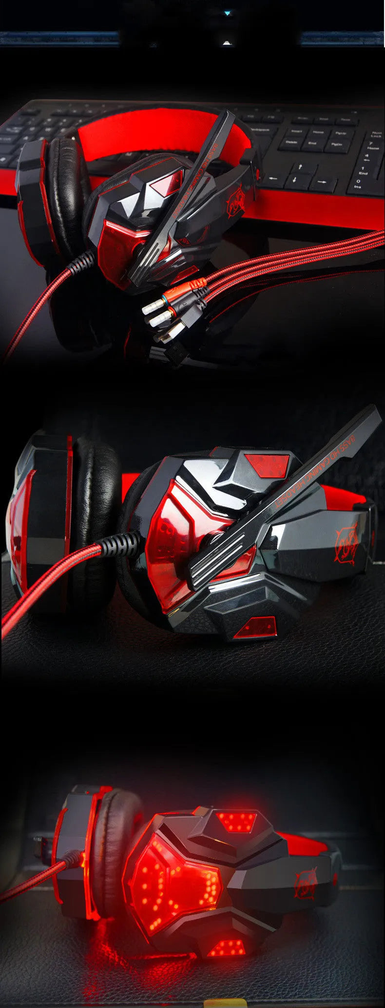 PC780 head-mounted gaming headphones with microphone in black and blue colour scheme.