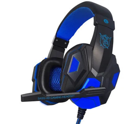 PC780 head-mounted gaming headphones with microphone in black and blue colour scheme.