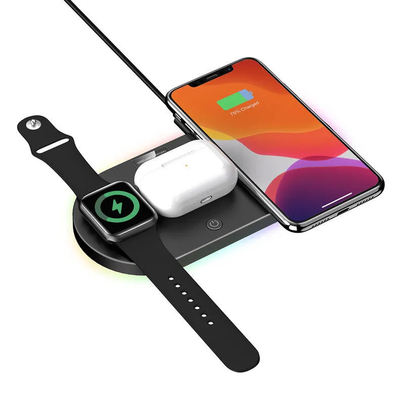 Black and white 15W desktop wireless charger with indication light and USB interface