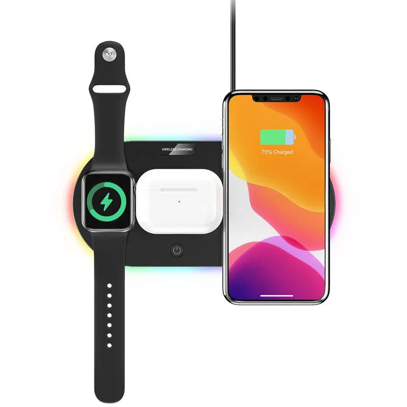 Black and white 15W desktop wireless charger with indication light and USB interface