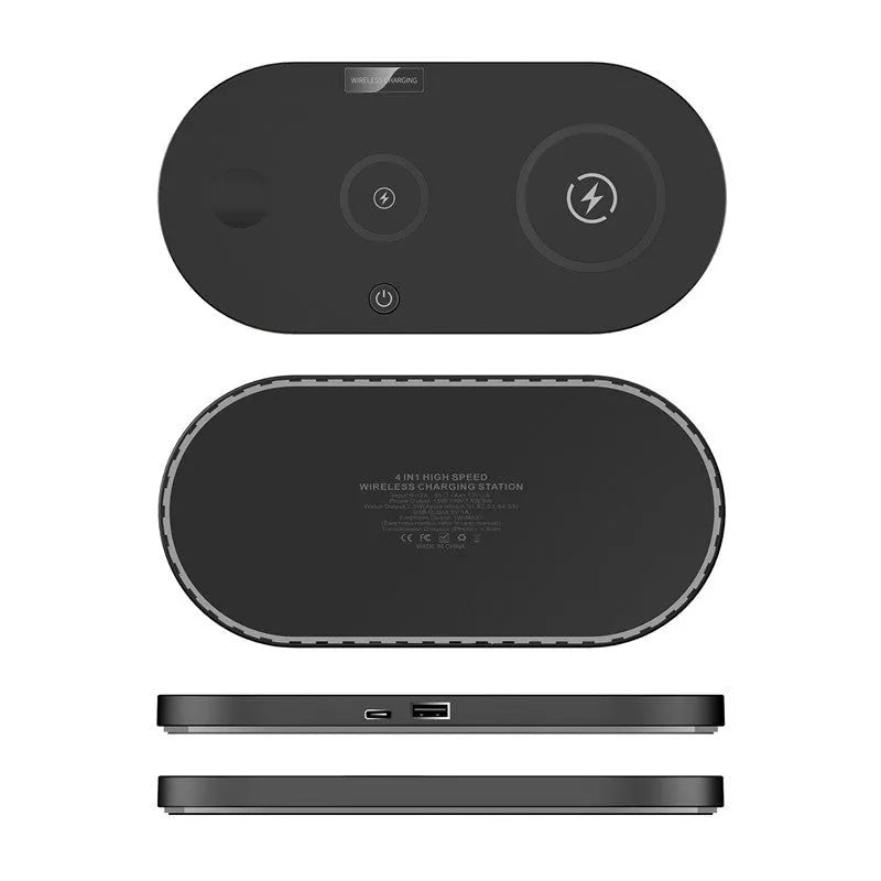 Black and white 15W desktop wireless charger with indication light and USB interface
