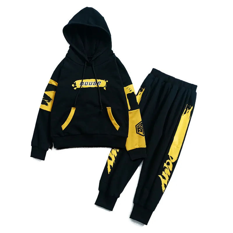 Boys' black and yellow hooded cotton tracksuit sets shown in Korean style