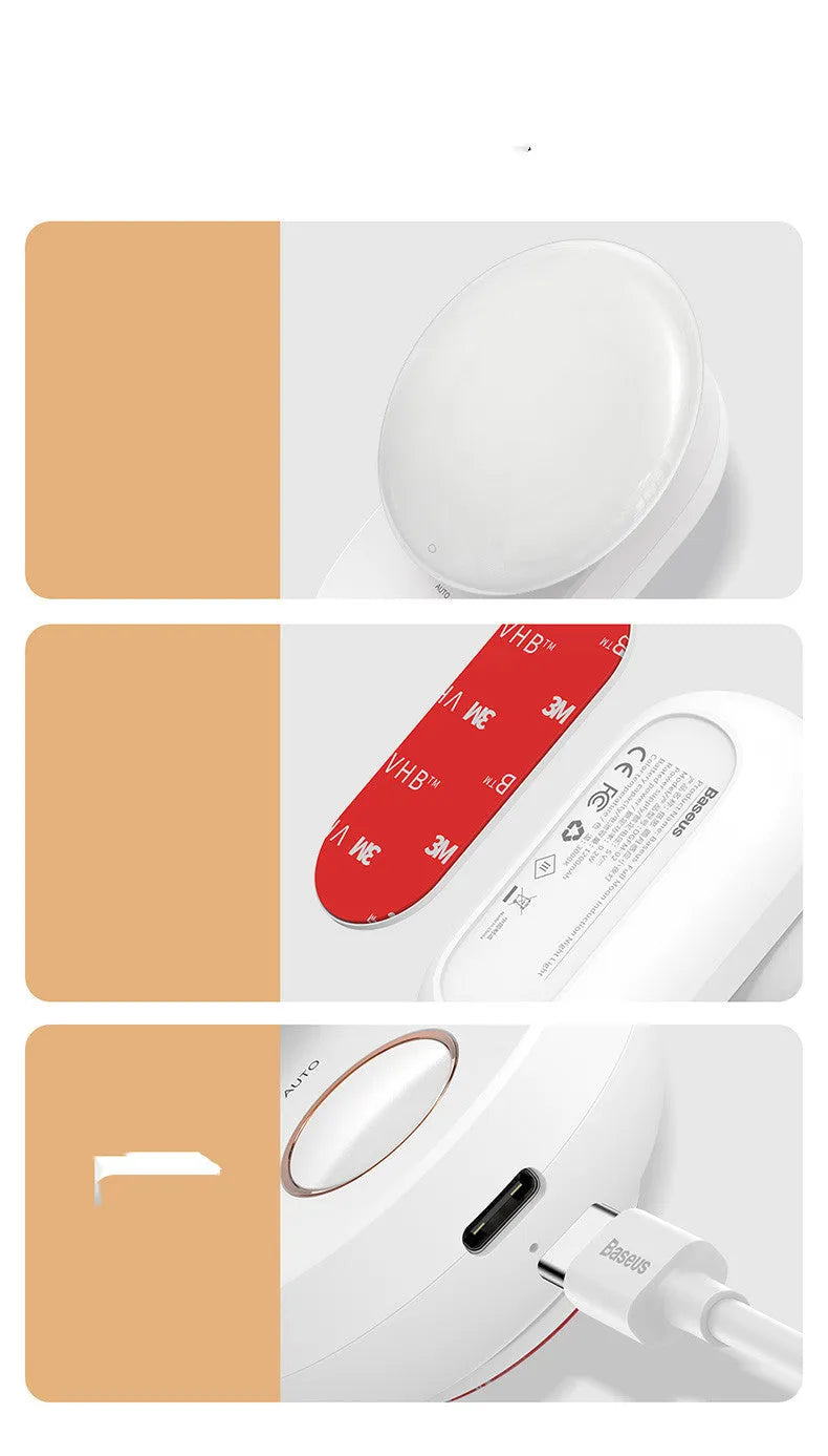 White Baseus rechargeable motion sensor night light on a bedside table