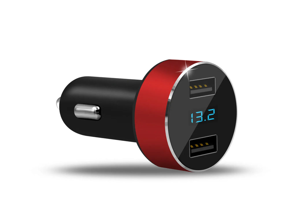 Compact car mobile phone charger with USB output in blue finish