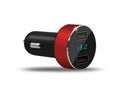 Compact car mobile phone charger with USB output in blue finish