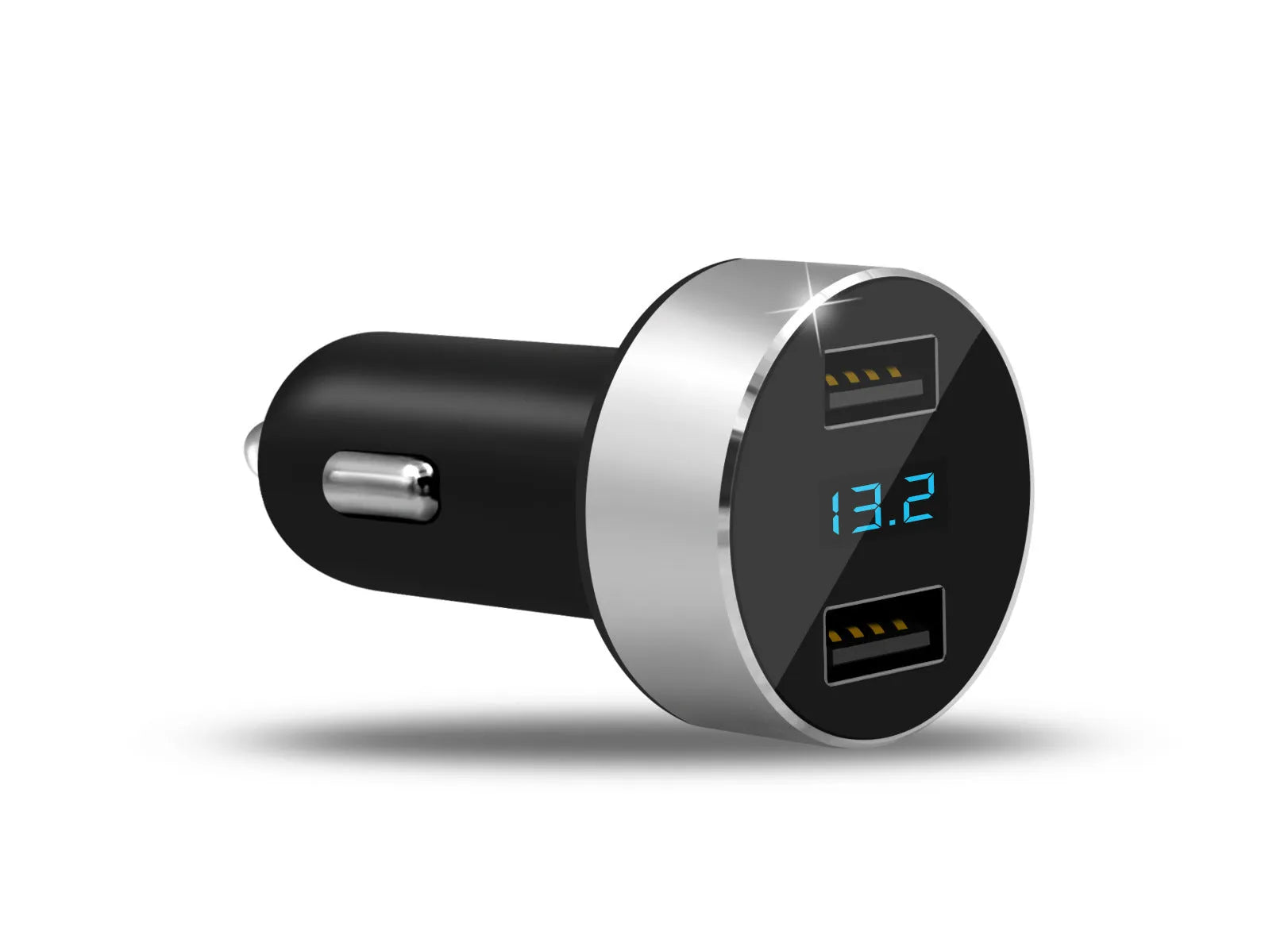 Compact car mobile phone charger with USB output in blue finish