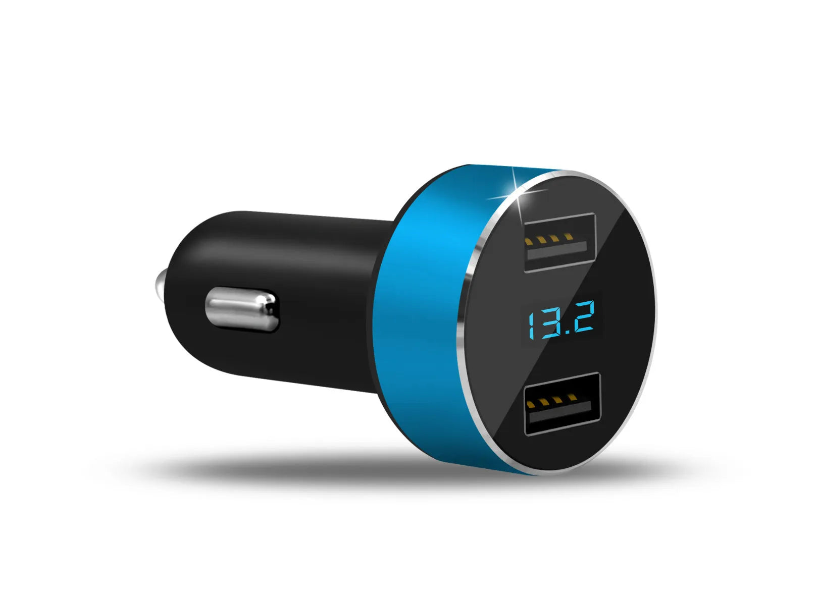 Compact car mobile phone charger with USB output in blue finish