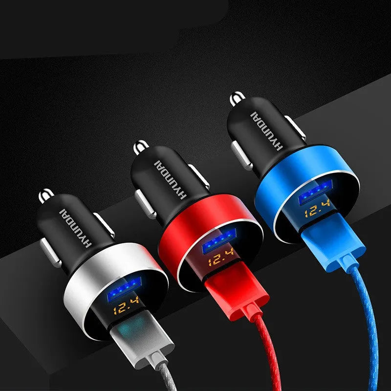 Compact car mobile phone charger with USB output in blue finish