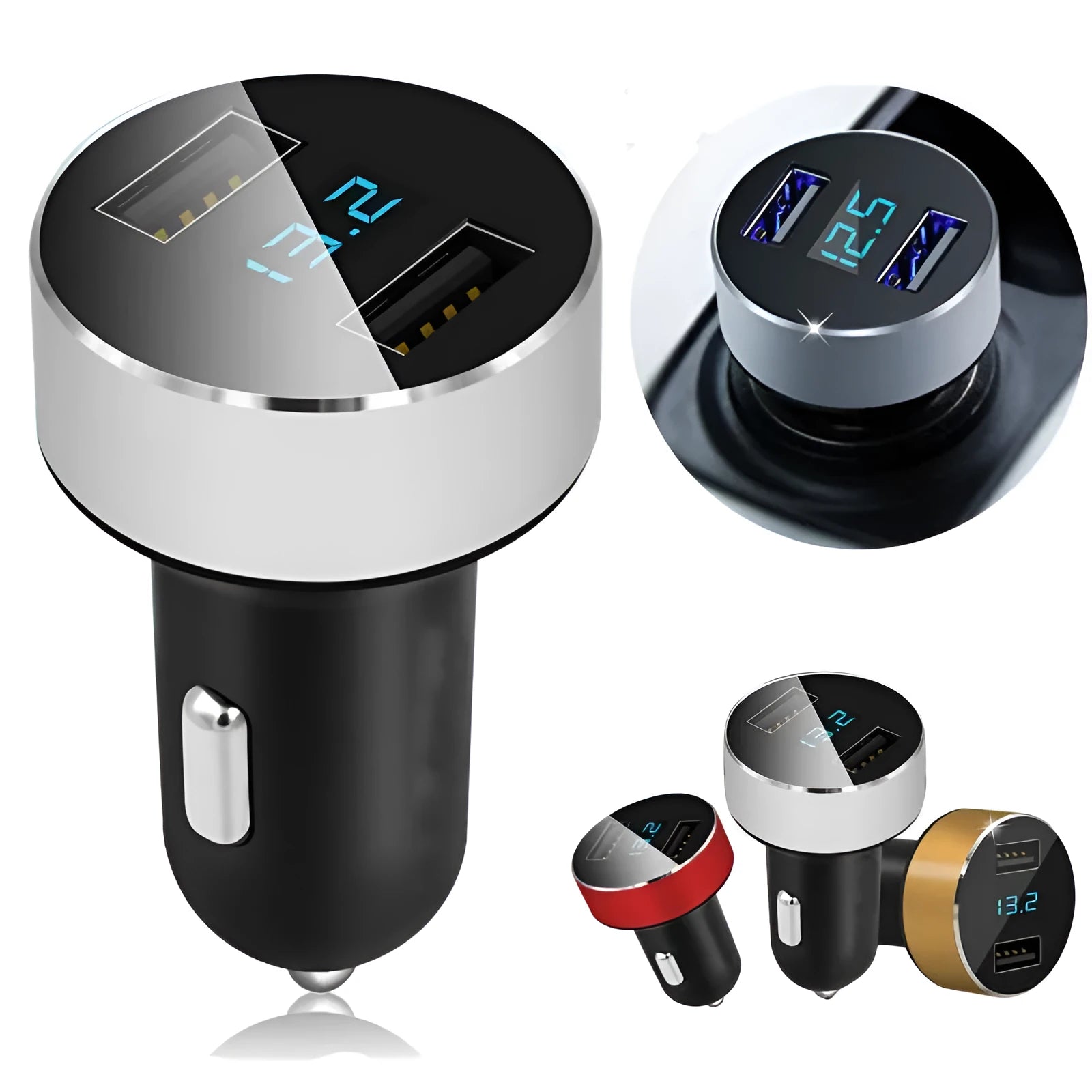 Compact car mobile phone charger with USB output in blue finish