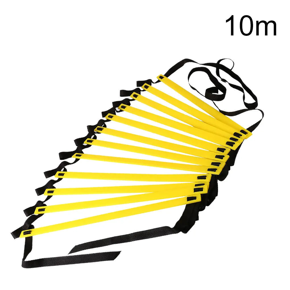 PP plastic agility ladder with flat 40cm rungs laid on grass with cloth carry bag
