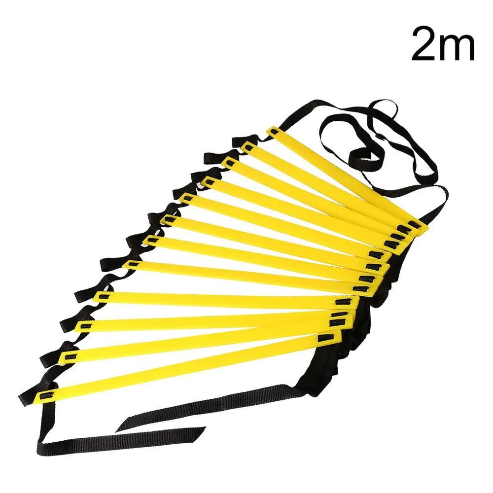 PP plastic agility ladder with flat 40cm rungs laid on grass with cloth carry bag
