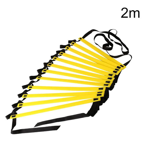 PP plastic agility ladder with flat 40cm rungs laid on grass with cloth carry bag