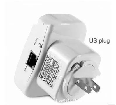 Black and white wifi repeater with multi-region plugs and a network cable on a table.