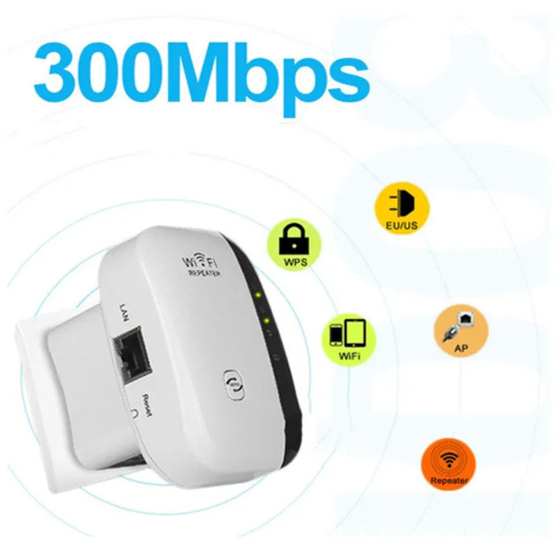 Black and white wifi repeater with multi-region plugs and a network cable on a table.