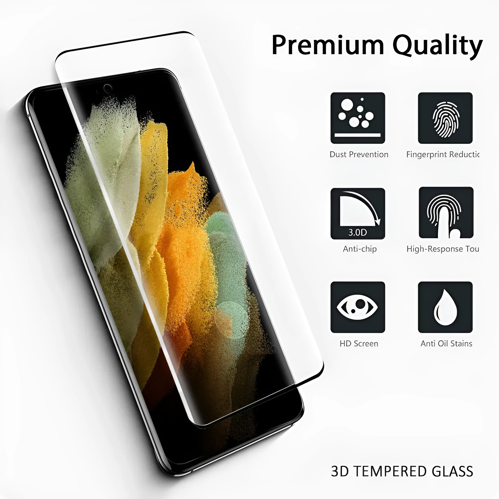 Samsung Galaxy S21 Ultra tempered glass screen protector on curved smartphone display