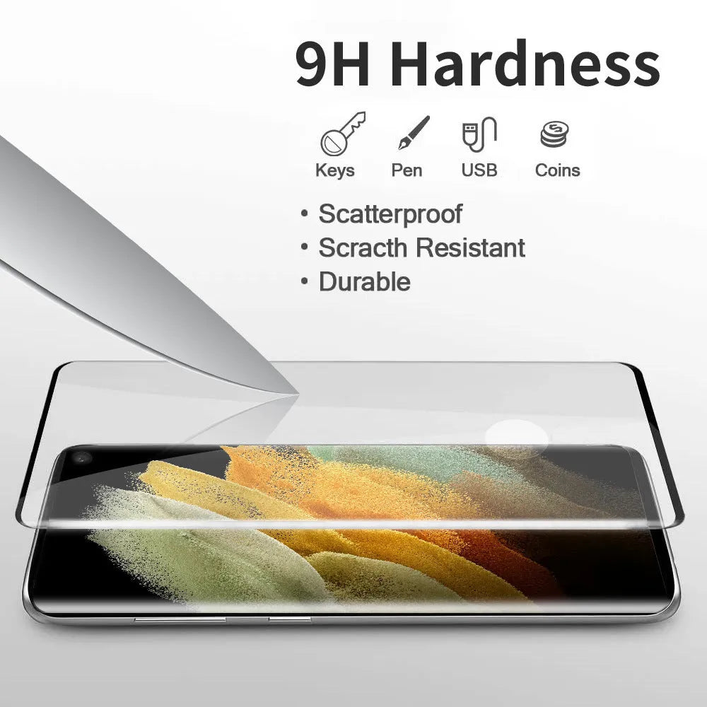 Samsung Galaxy S21 Ultra tempered glass screen protector on curved smartphone display