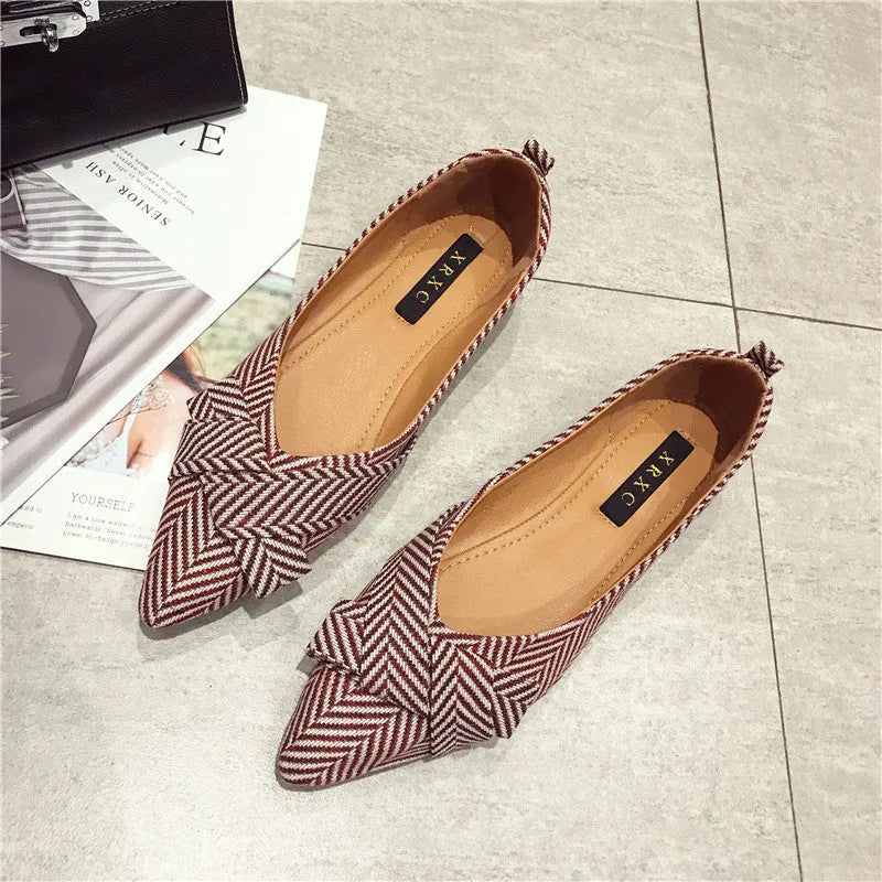 Women's black and red pointed toe low heel Korean style casual shoes with a cotton upper.