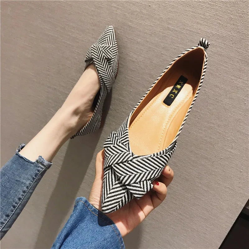 Women's black and red pointed toe low heel Korean style casual shoes with a cotton upper.