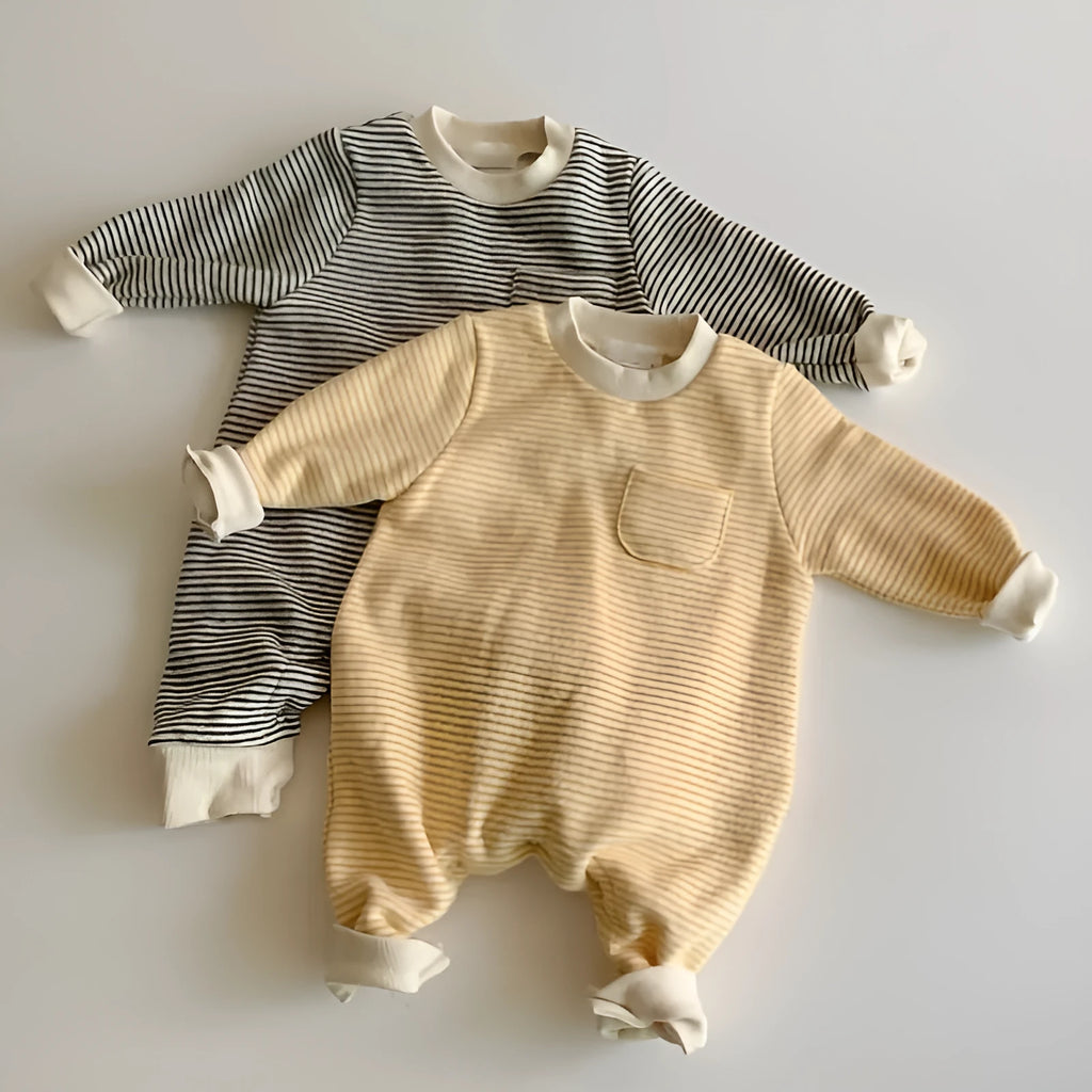 Striped cotton baby jumpsuit with long sleeves and hidden buttons for winter wear.