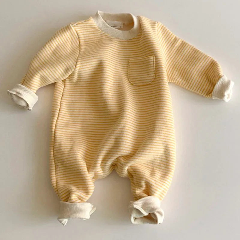 Striped cotton baby jumpsuit with long sleeves and hidden buttons for winter wear.