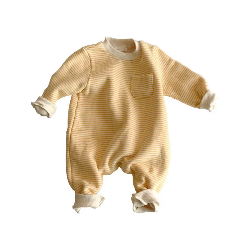 Striped cotton baby jumpsuit with long sleeves and hidden buttons for winter wear.