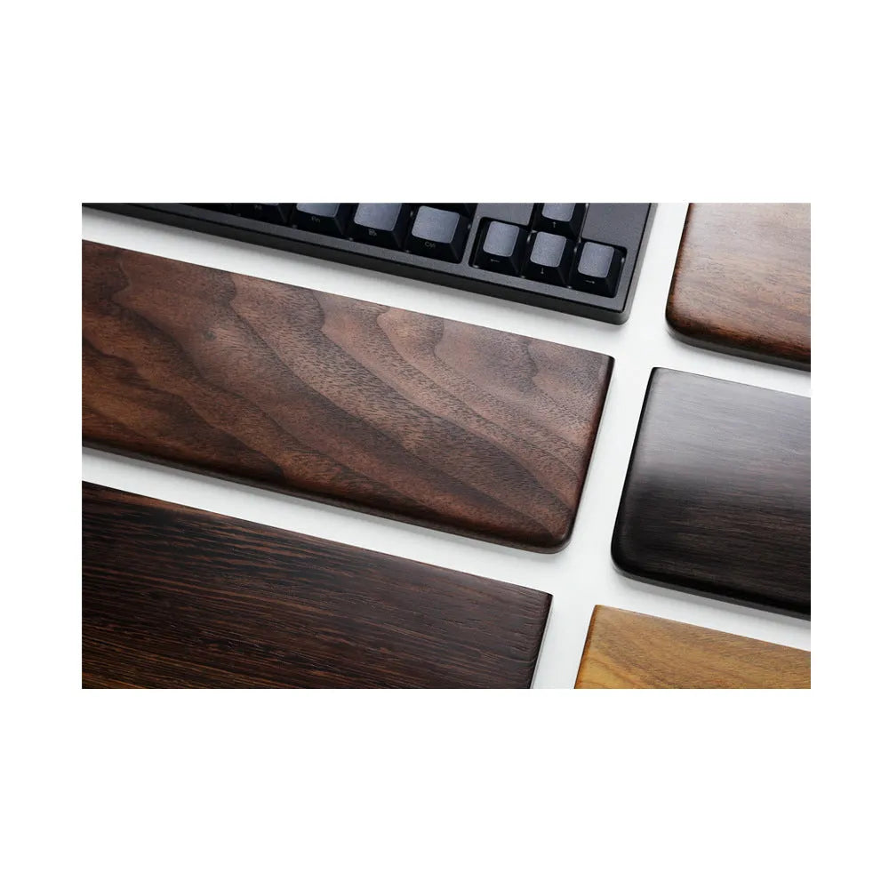 Black walnut wooden keyboard hand rest measuring 30cm long for 60% mechanical keyboards
