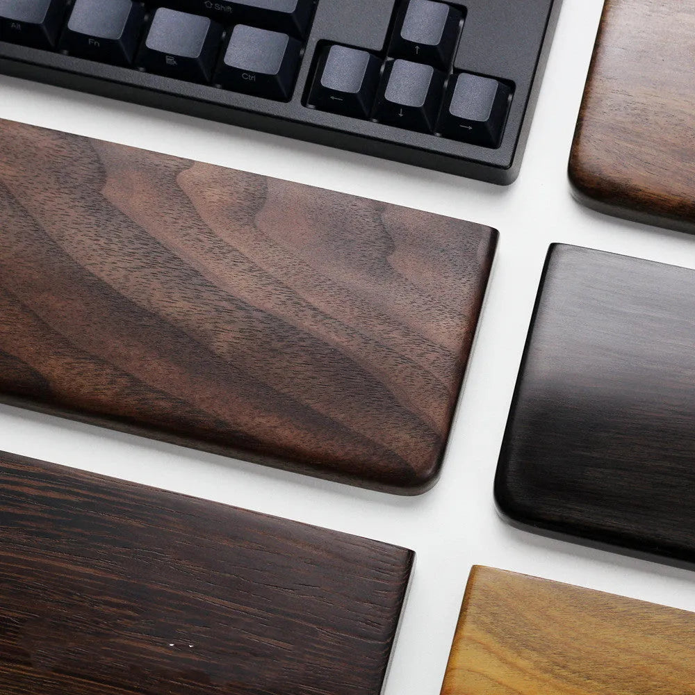 Black walnut wooden keyboard hand rest measuring 30cm long for 60% mechanical keyboards