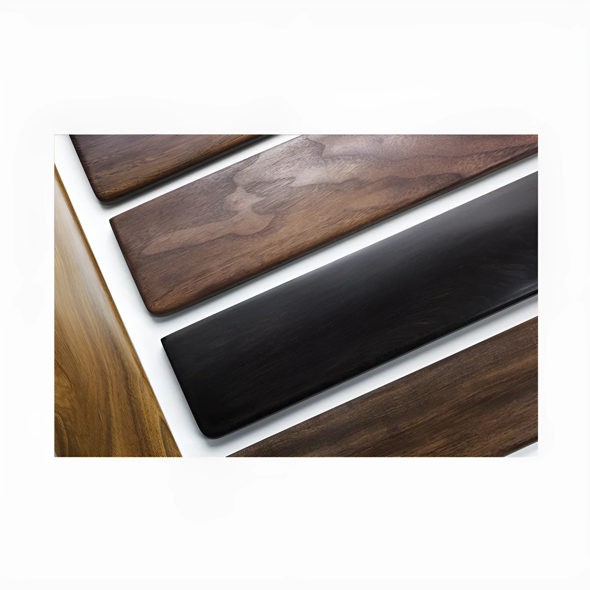 Black walnut wooden keyboard hand rest measuring 30cm long for 60% mechanical keyboards