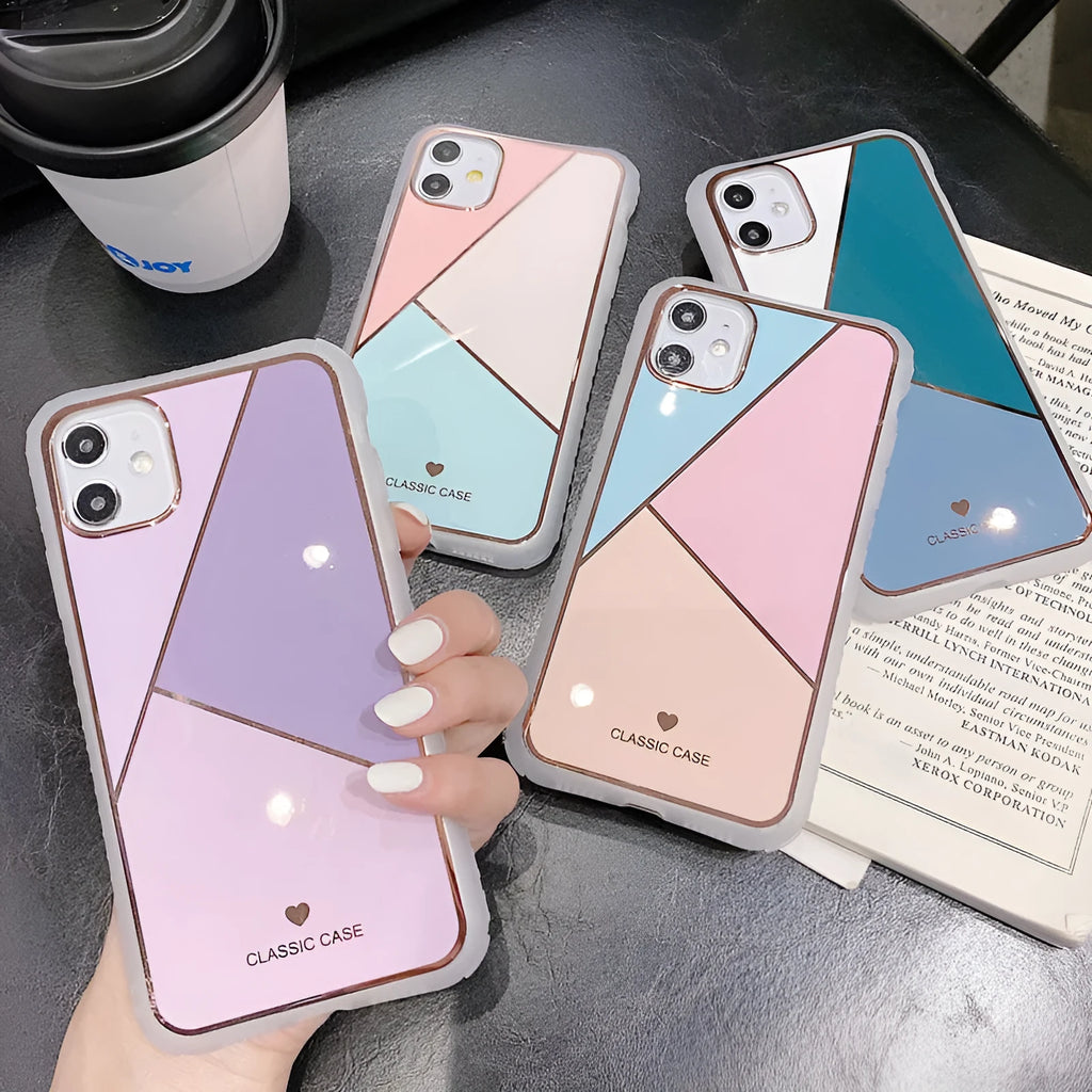 Geometric marble plating splicing phone case for iPhone in glossy finish