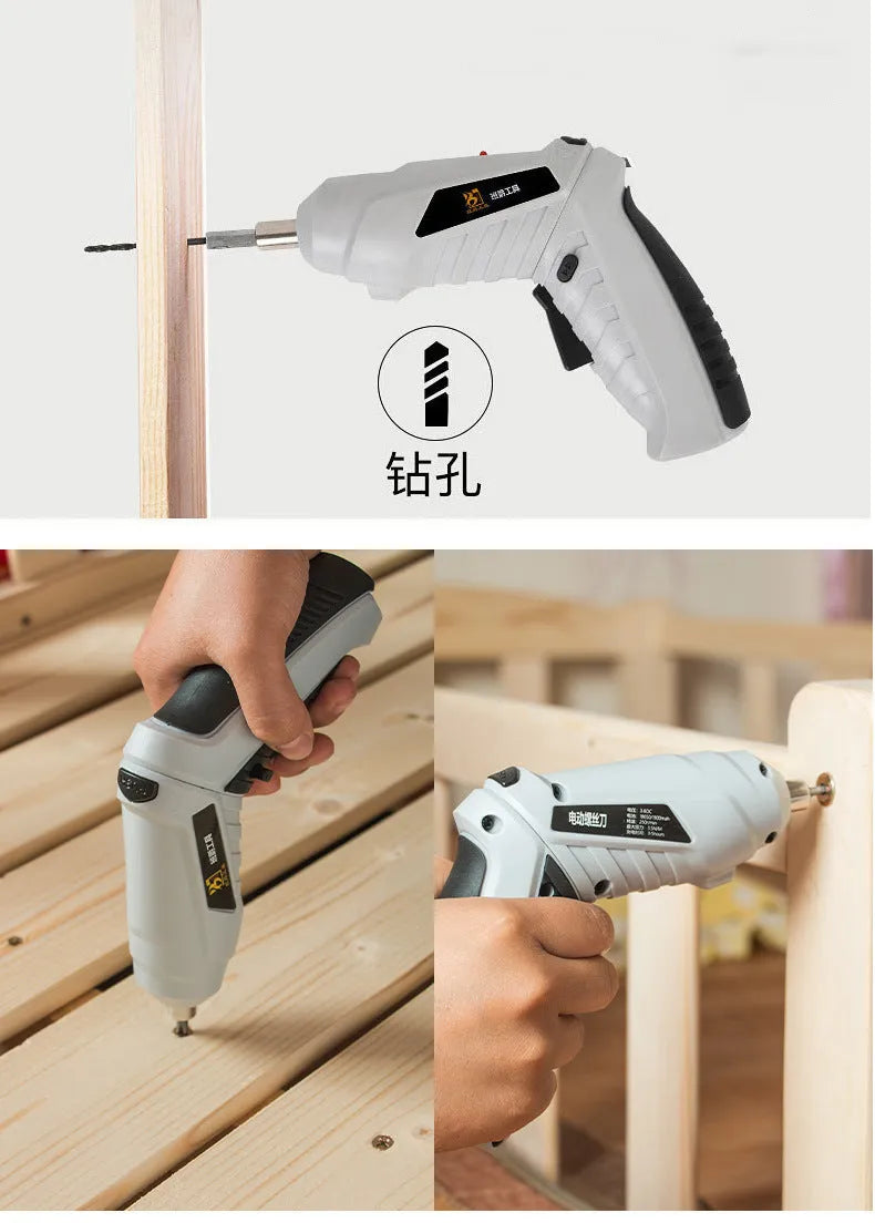 Black rechargeable lithium battery screwdriver with pistol grip on a workbench.