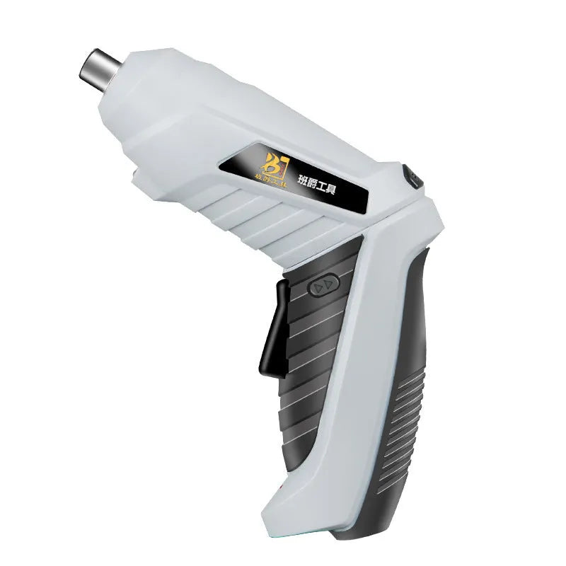 Black rechargeable lithium battery screwdriver with pistol grip on a workbench.