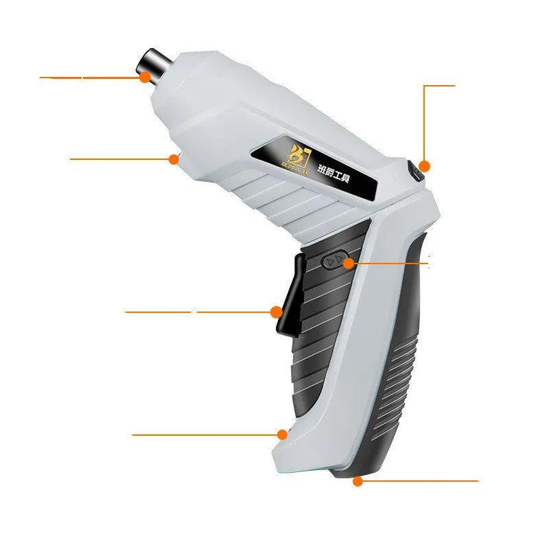 Black rechargeable lithium battery screwdriver with pistol grip on a workbench.